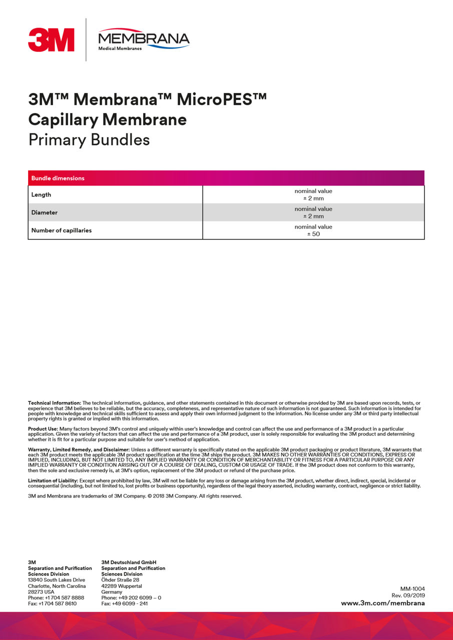 3M™ MicroPES™ Capillary Membrane, Primary Bundles, Data Sheet