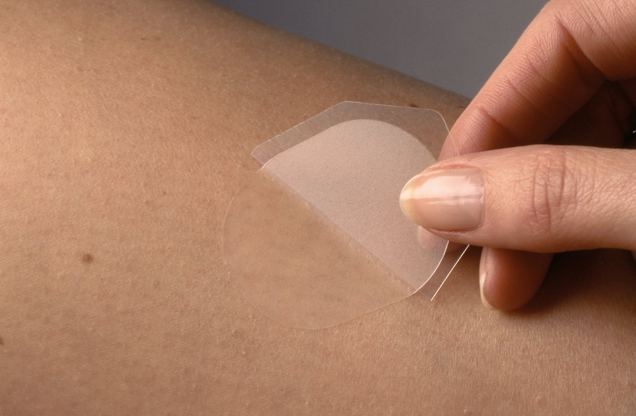 Finger, die ein transdermales Pflaster auf die Haut auftragen