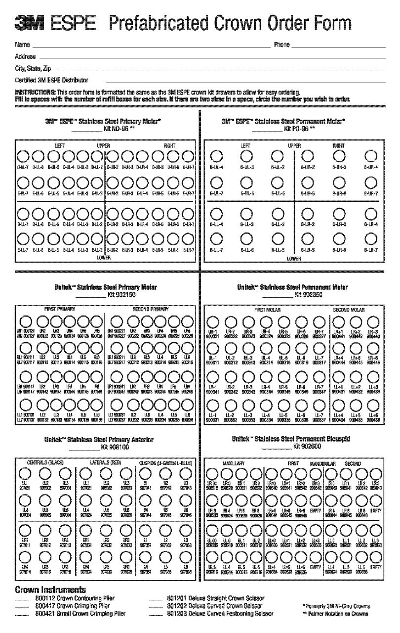 3M ESPE Prefabricated Crown Order Form