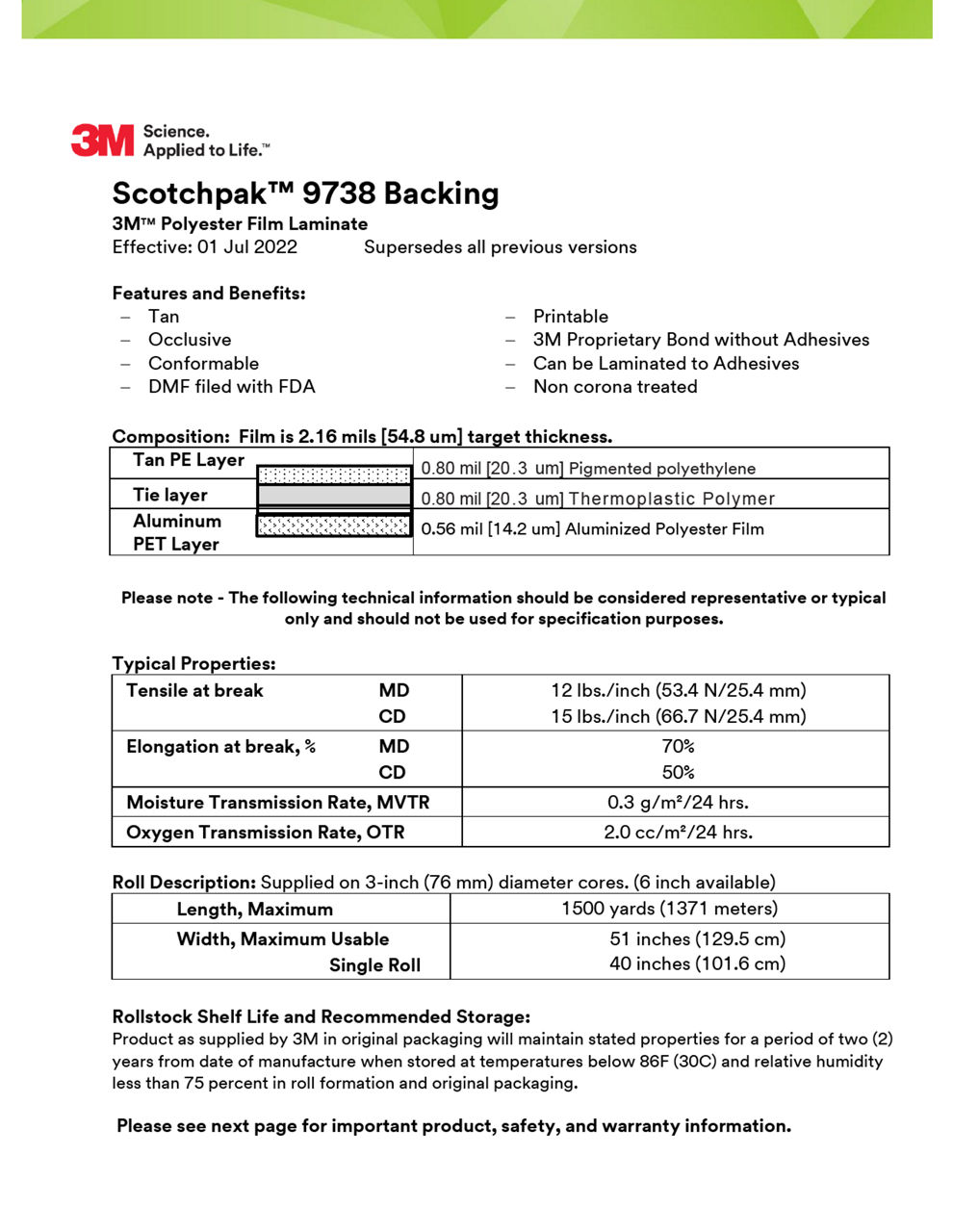 3M™ Polyester Backing Film Laminate 9738, Technical Information Sheet