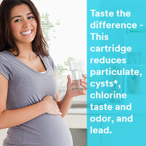 Secondary image showing cartridge reduces particulate, cysts, chlorine taste and order, and lead