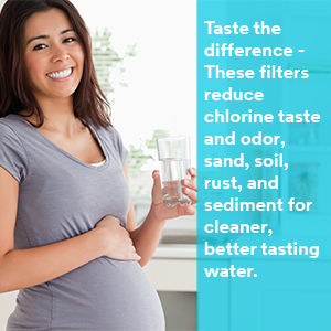 Secondary image showing filters reduce chlorine taste and order, sand, soil, rust, and sediment