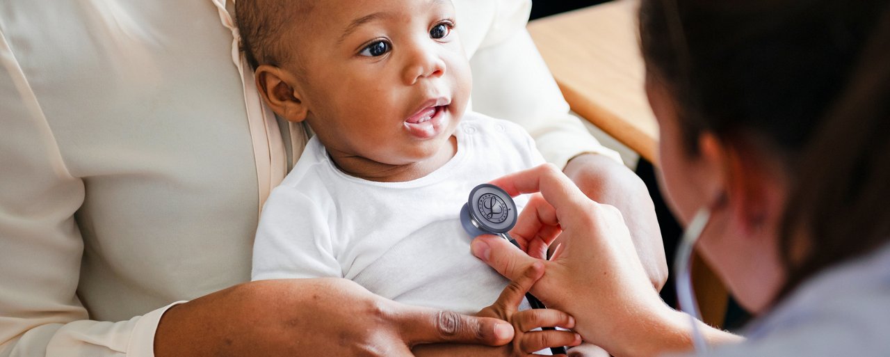 This asset is a retouched version of Shutterstock ID 1250646838 featuring a Littmann Stethoscope. This is licensed from Shutterstock Images. Unlimited seats were licensed there is no charge to use this image. Please download and use as needed, but include Celum ID in Release Comments for new literature loaded to Celum that utilizes this asset. Title: Baby visit to the doctor