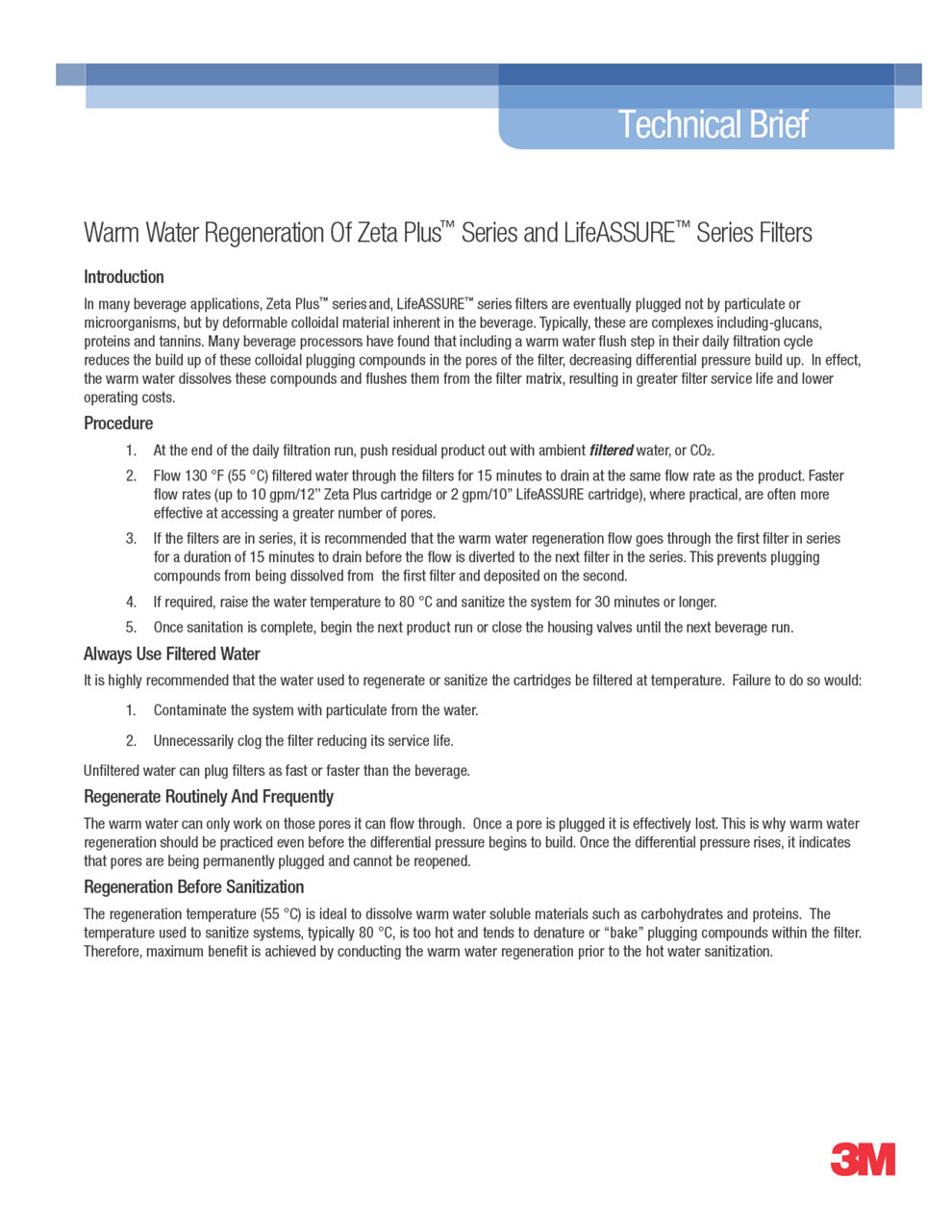 Warm Water Regeneration Of Zeta PlusŽ Series and LifeASSUREŽ Series Filters 