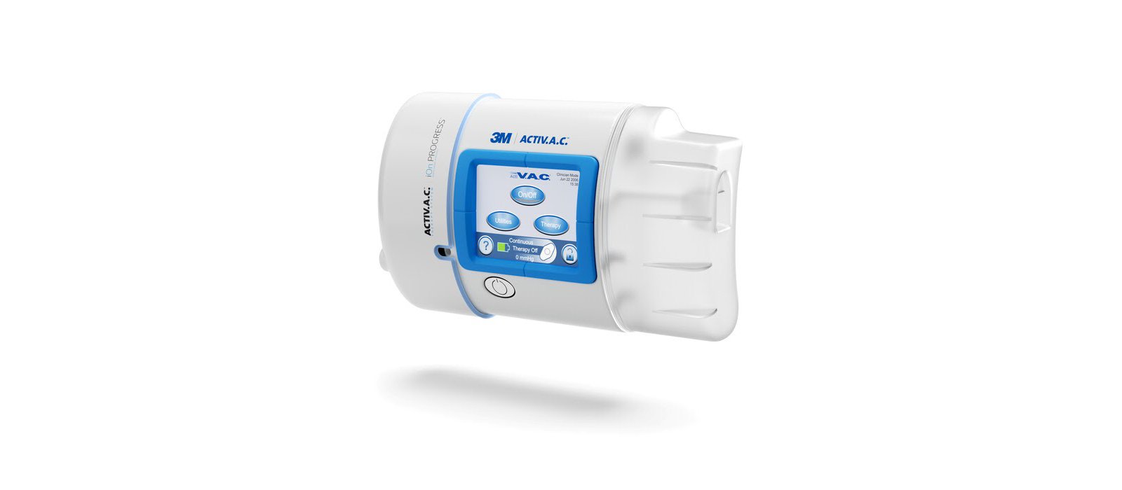 Rendered image of the 3M ActiV.A.C. Therapy Unit with iOn Progress Remote Therapy Monitoring from a right 3/4 view.