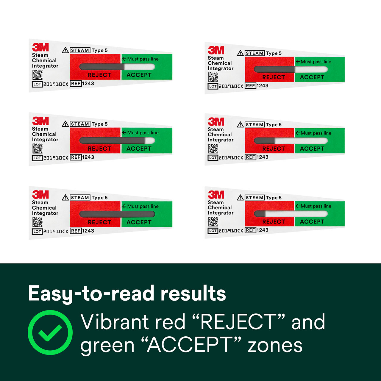 (2) Easy-to-read color-coded results, Vibrant red "REJECT" and green "ACCEPT" zones