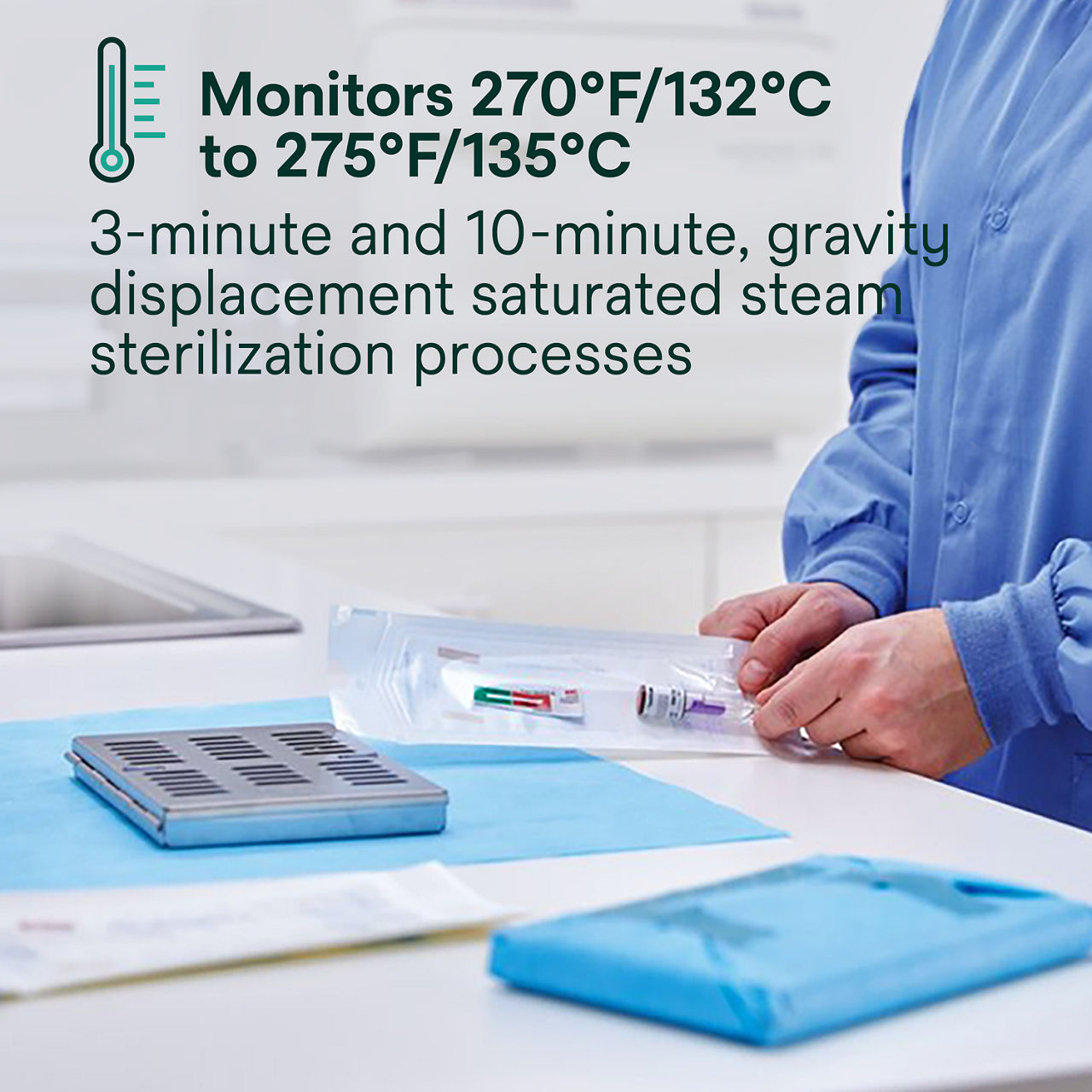 (3) Monitors 270F/132C & 275F/135C 3&10min gravity displacement steam sterilization cycles