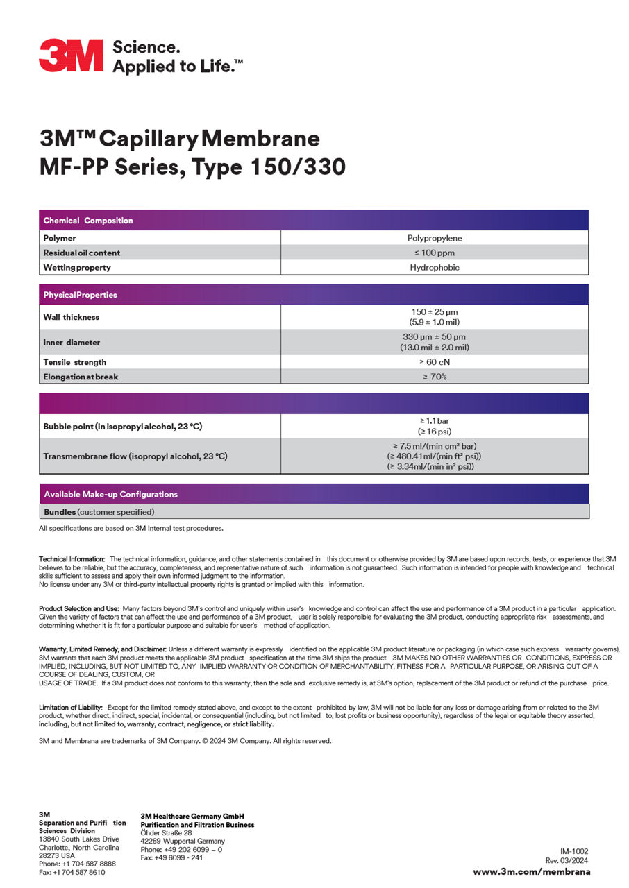 3M™ Capillary Membrane MF-PP 150/330 Series, Data Sheet