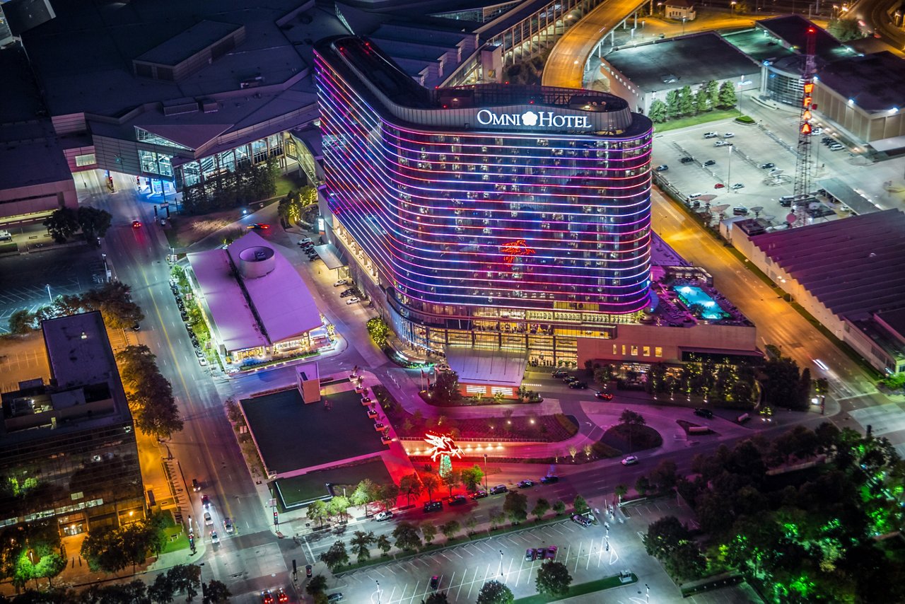 Exterior birds-eye view of the Omni Dallas Hotel.