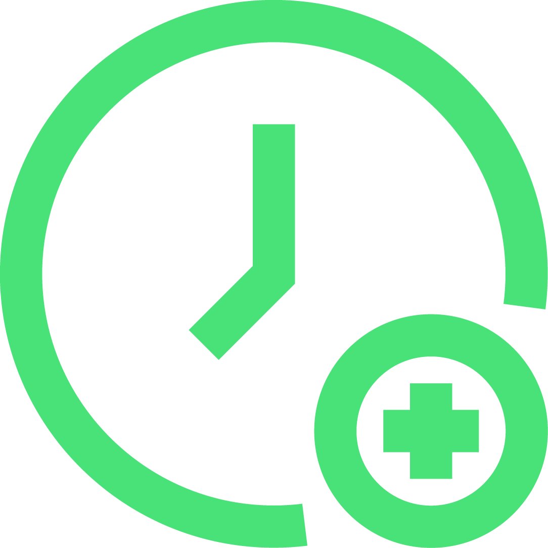 An iconographic representation of an analogue clock with an addition symbol in a circle nested in the lower right of the clock. Spearmint positive color palette.