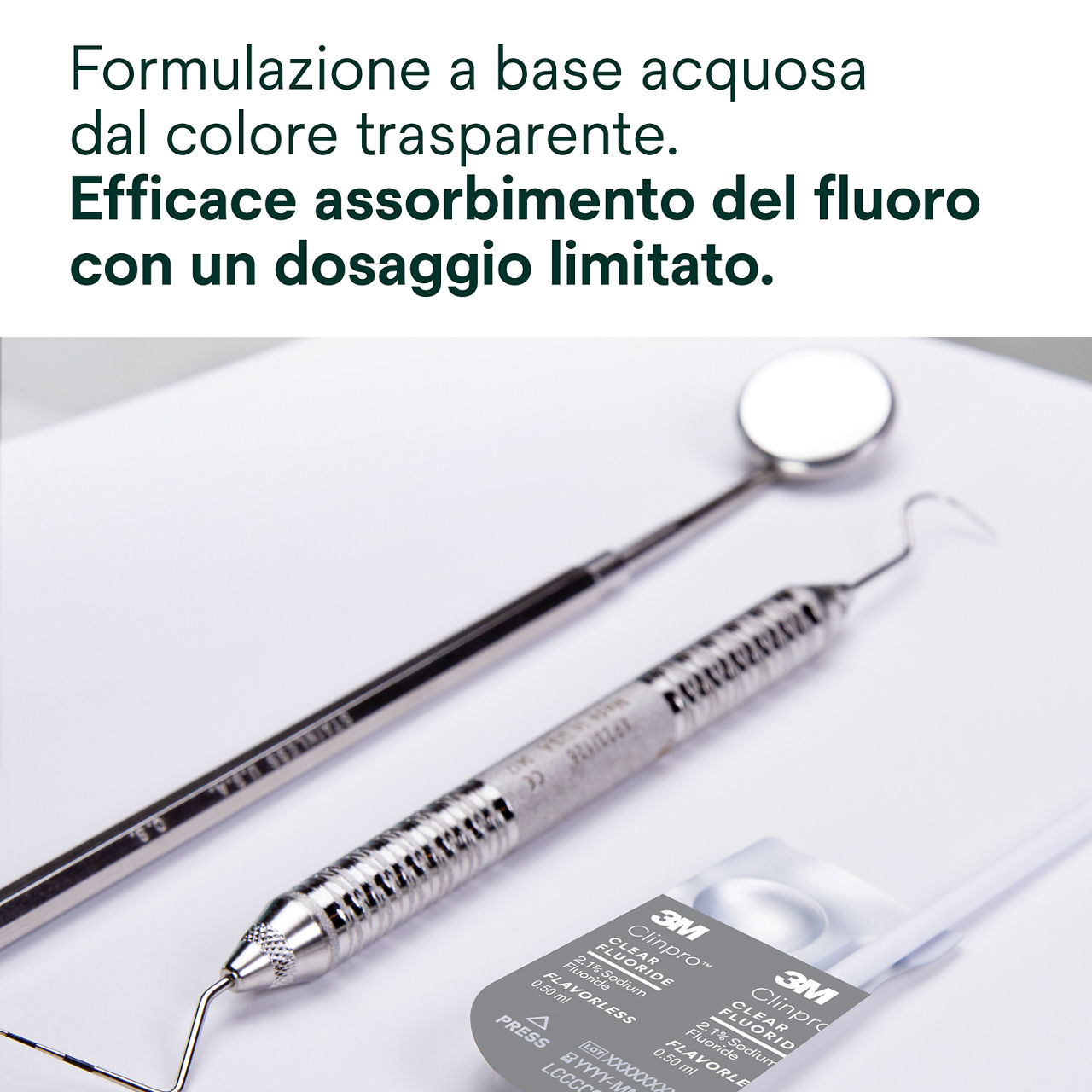 Clinpro Clear, Insapore: La formula trasparente a base d'acqua consente un efficace assorbimento del fluoro.