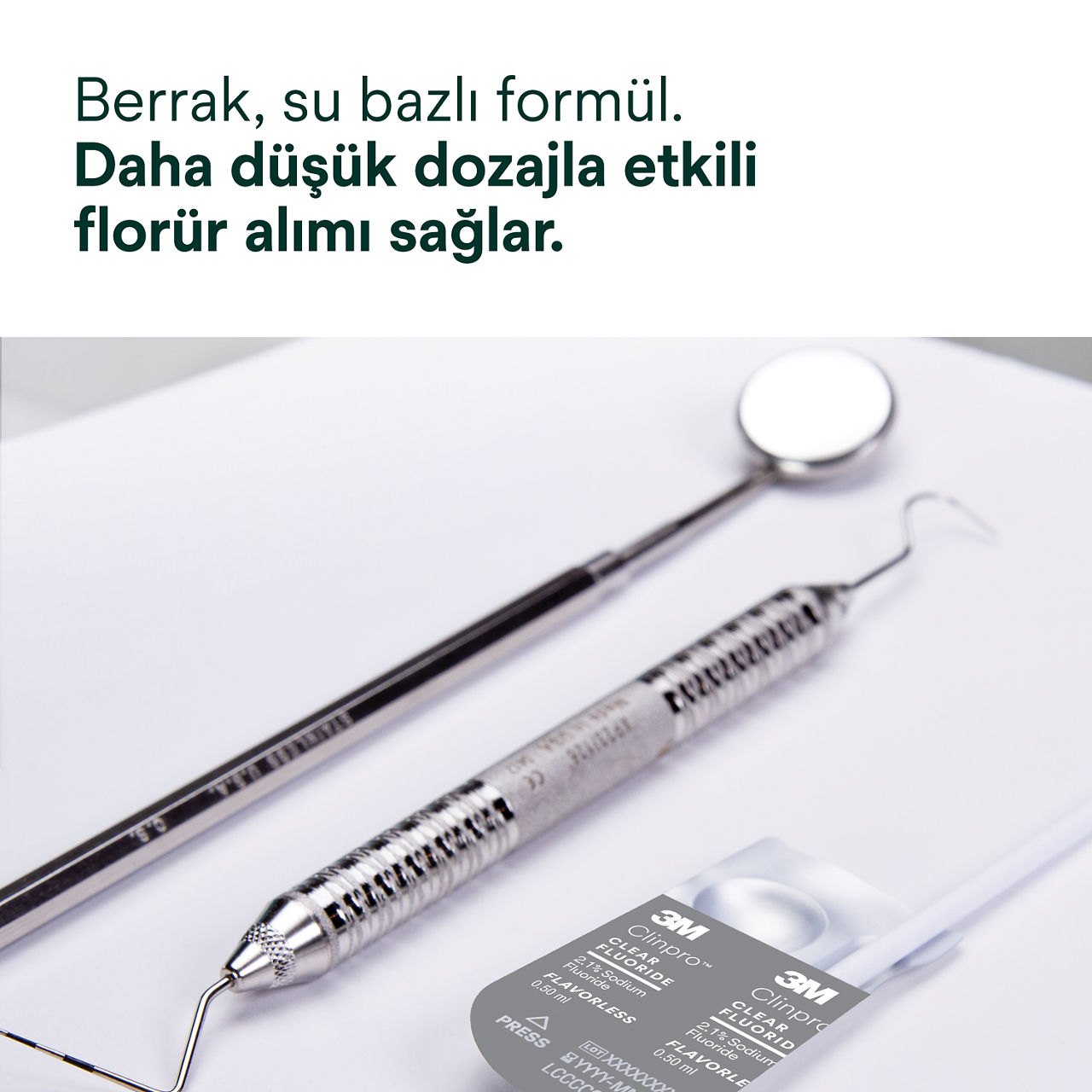 Clinpro™ Clear, Tatsız: Şeffaf su bazlı formül, etkili florür alımını sağlar.
