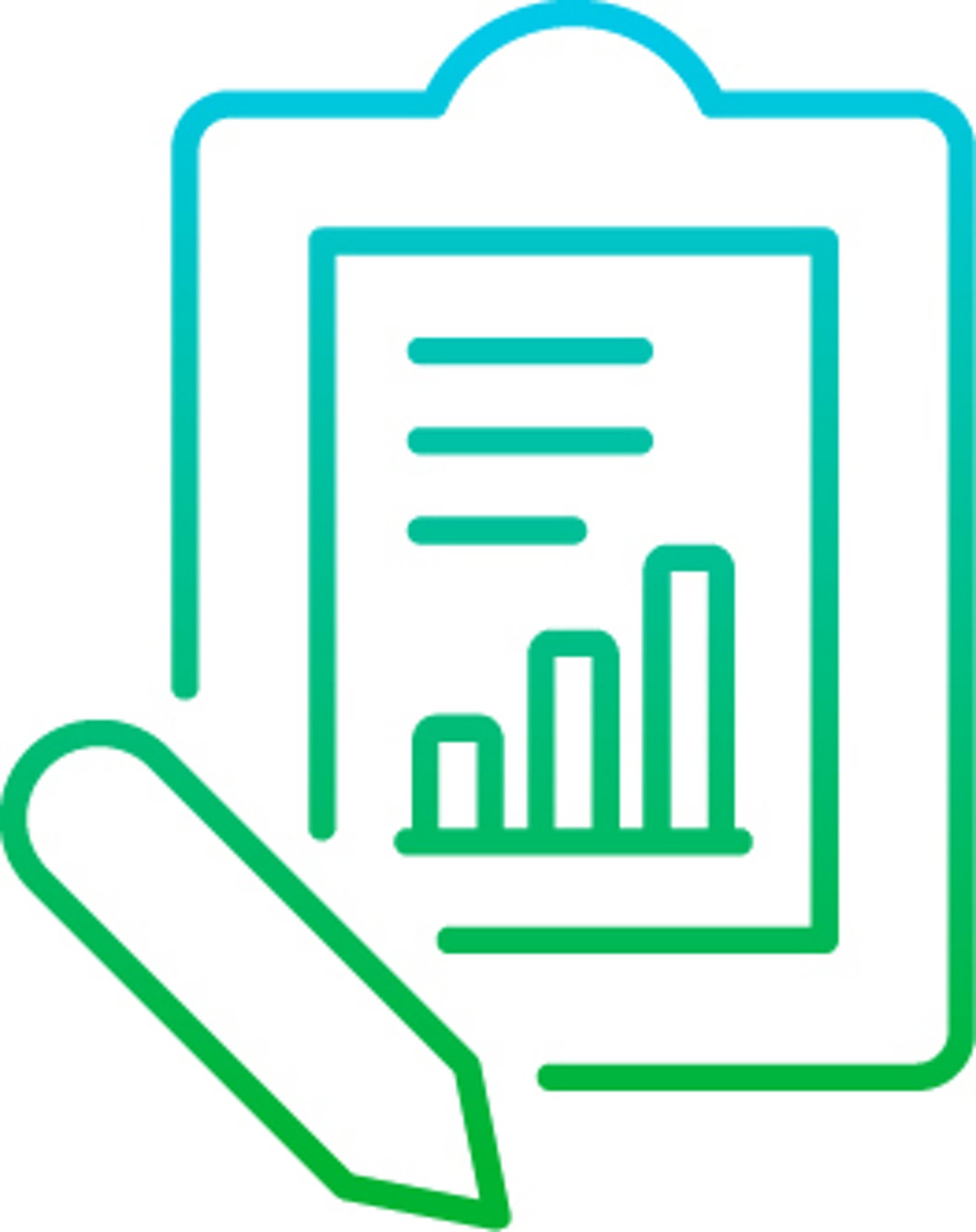 Icon of a clipboard with writing and a graph on it and a pencil or pen, Study, Research, Blue to Green gradient color, line art, vector graphic, illustration