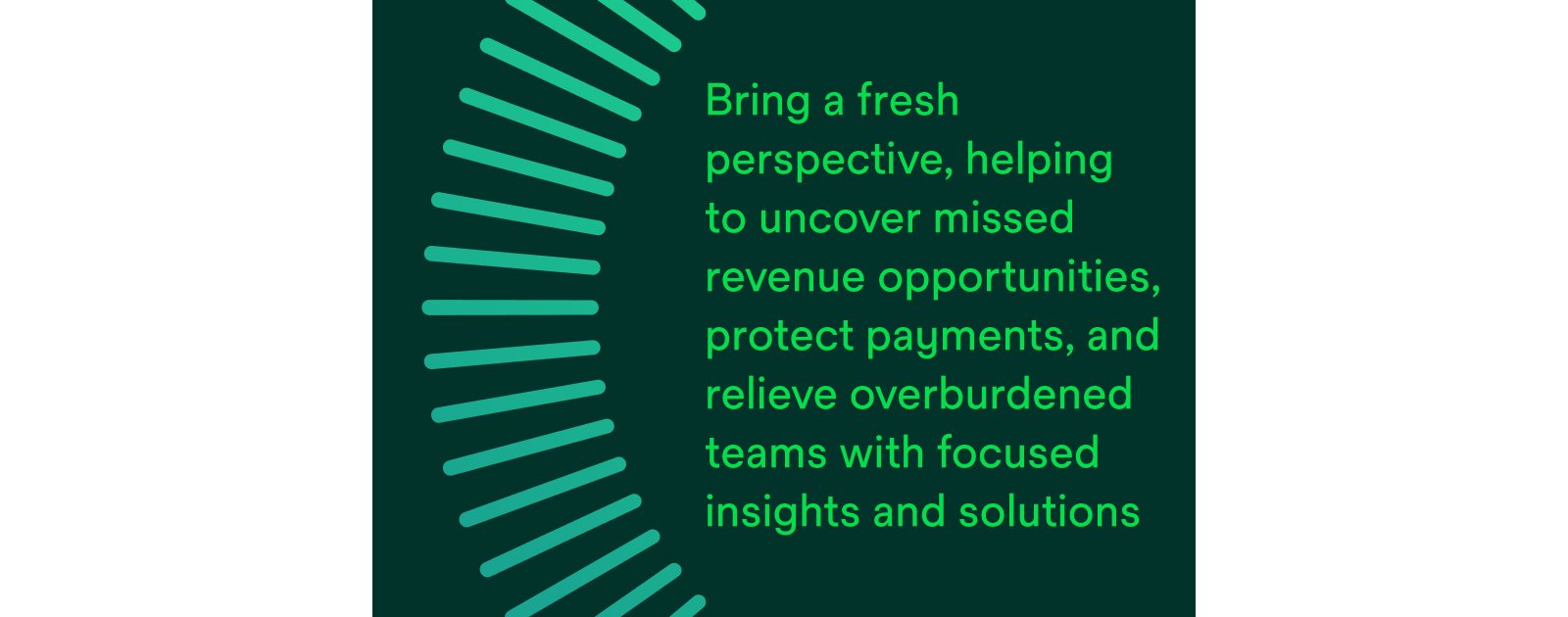 Bring a fresh perspective, helping to uncover missed revenue opportunities, protect payments, and relieve overburdened teams with focused insights and solutions.