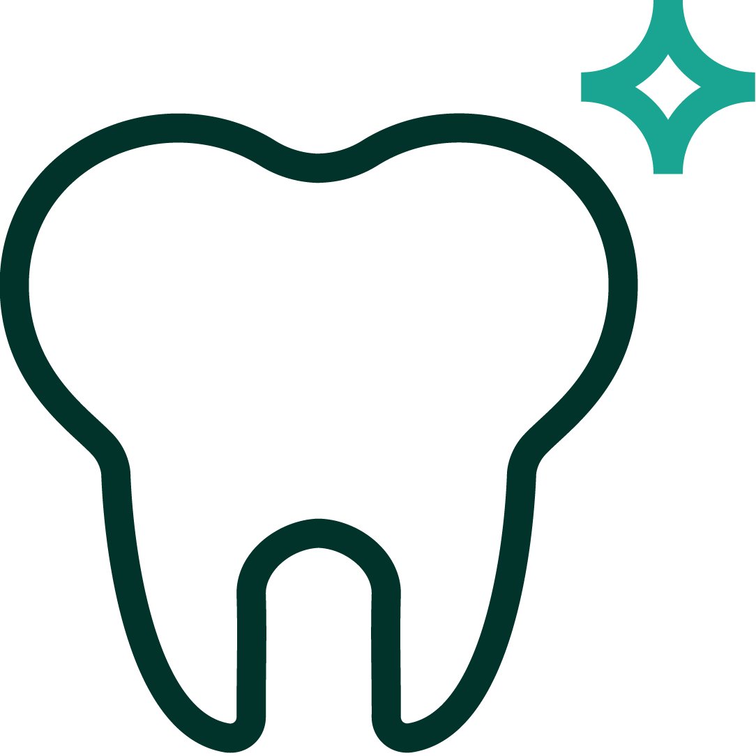 An iconographic representation of a tooth with one star burst placed above the tooth in the upper right. Dark green and teal positive color palette.