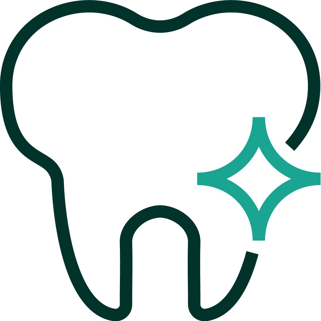 An iconographic representation of a tooth with a star burst placed on the right side of the tooth in a teal color. Dark green and medium teal positive color palette.