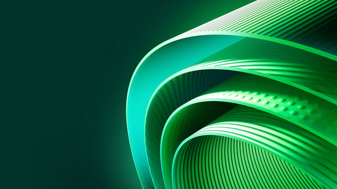 Una representación abstracta que muestra cuatro capas de un patrón verde curvado en el lado derecho del marco.