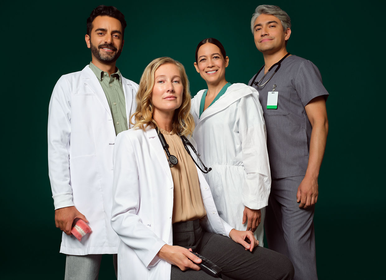 Photo of a medical doctor with a stethoscope around her neck and holding a microphone, orthodontist holding a typodent, nurse with a stethoscope around his neck and manufacturing worker