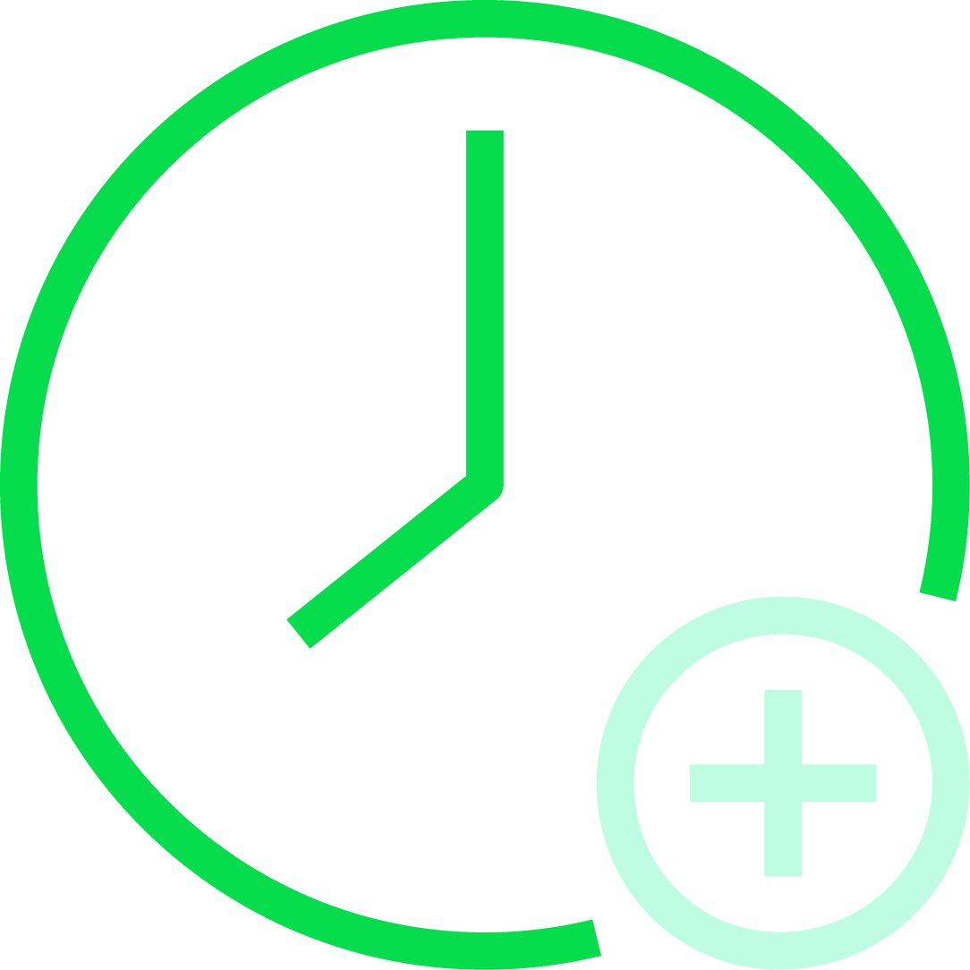 An iconographic representation of a clock with an addition symbol housed in a circle located in the lower right of the clock. Brand green and light teal reverse color palette.