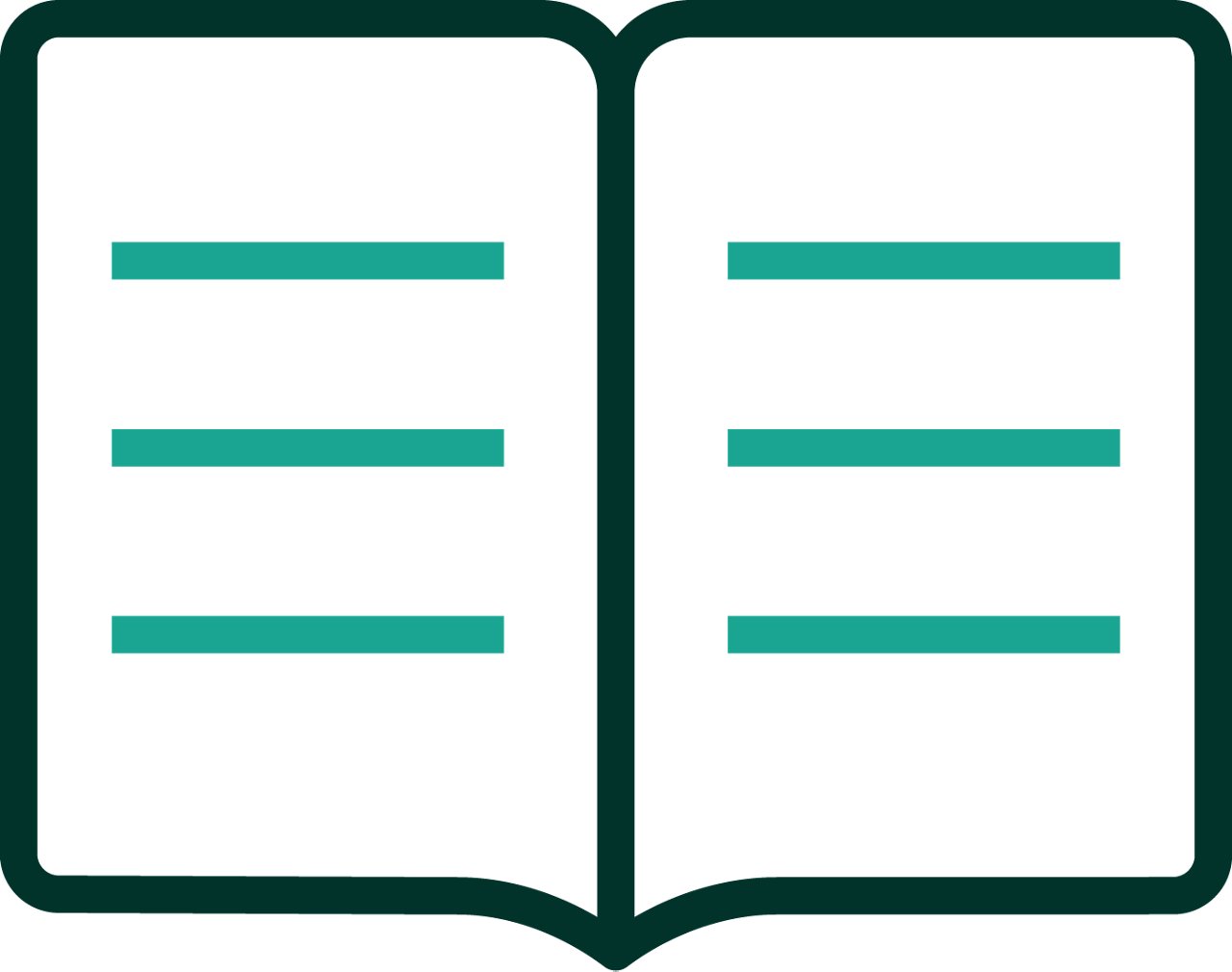 An iconographic representation of an open book with two pages of lines to represent text. Dark green and medium teal positive color palette.
