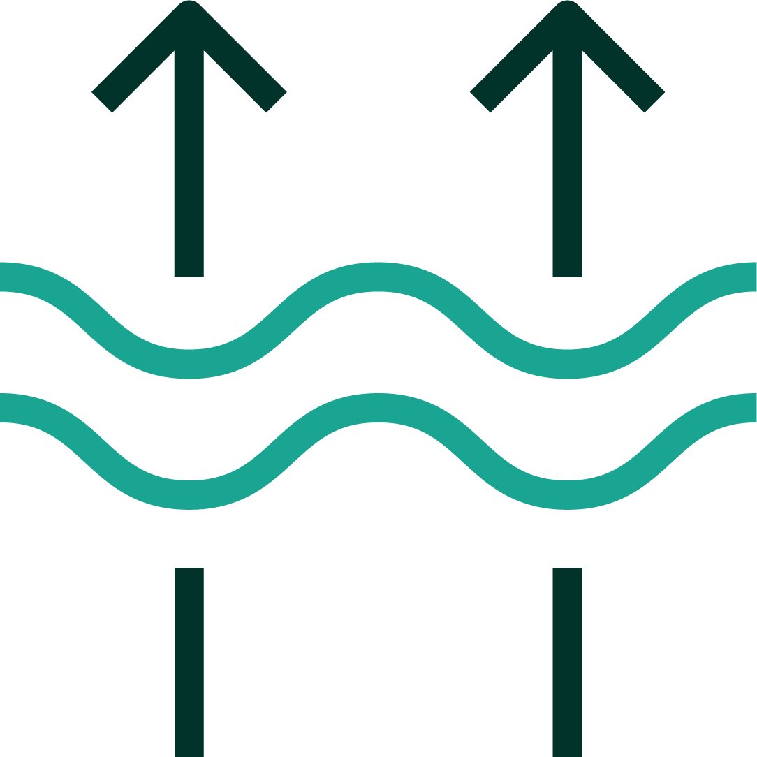 An iconographic representation of two wavy lines with intersecting arrows to indicate breathability. Dark green and medium teal positive color palette.