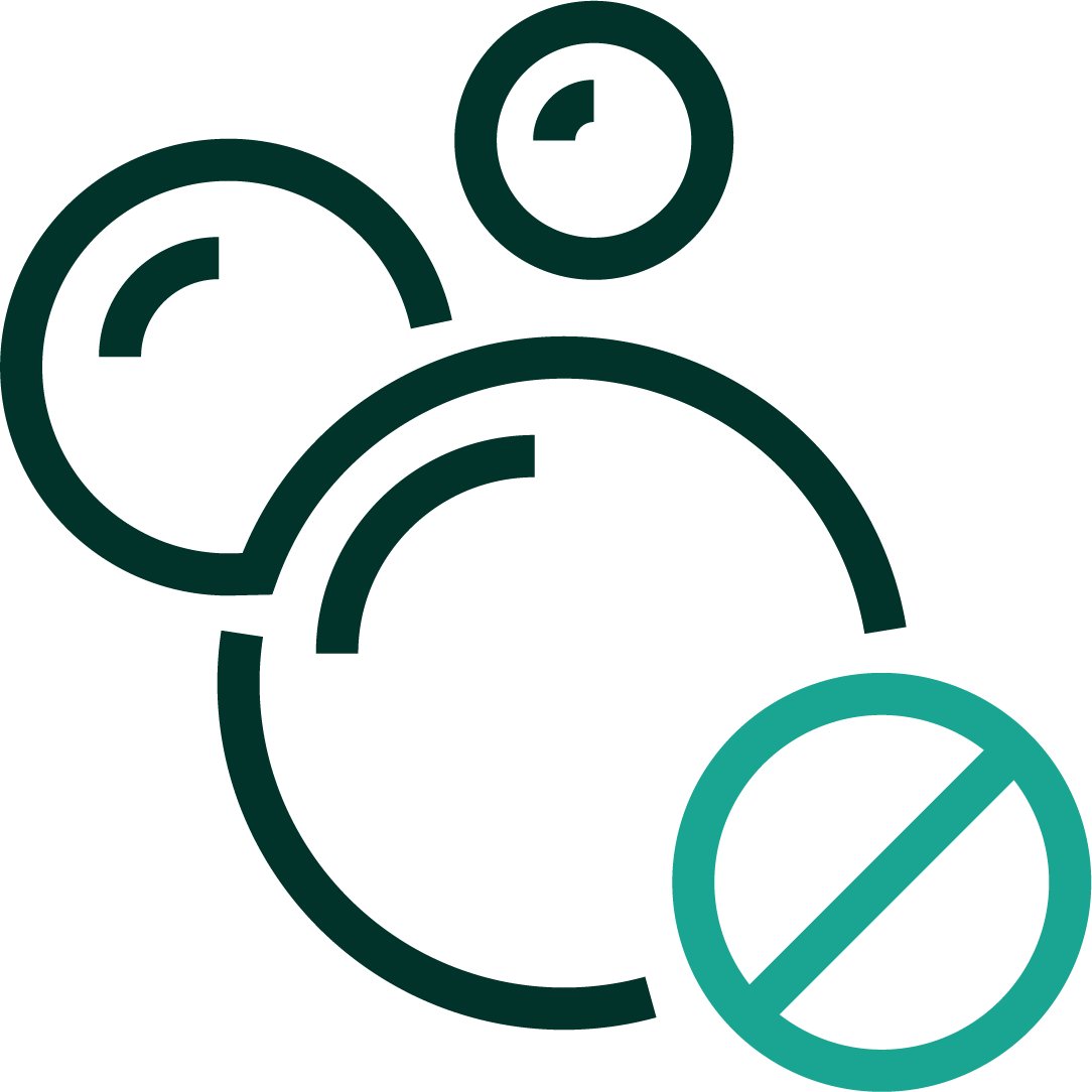 An iconographic representation of three bubbles overlapping with the do not symbol, circle with the slash through it, nested in the lower right. Dark green and teal positive color palette.