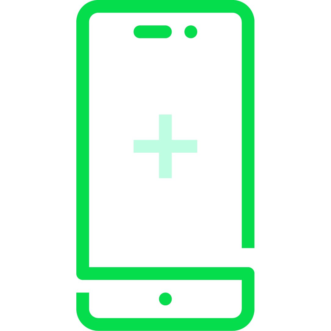 An iconographic representation of a smart cellphone with an addition symbol on the front screen. Brand green and light teal reverse color palette.