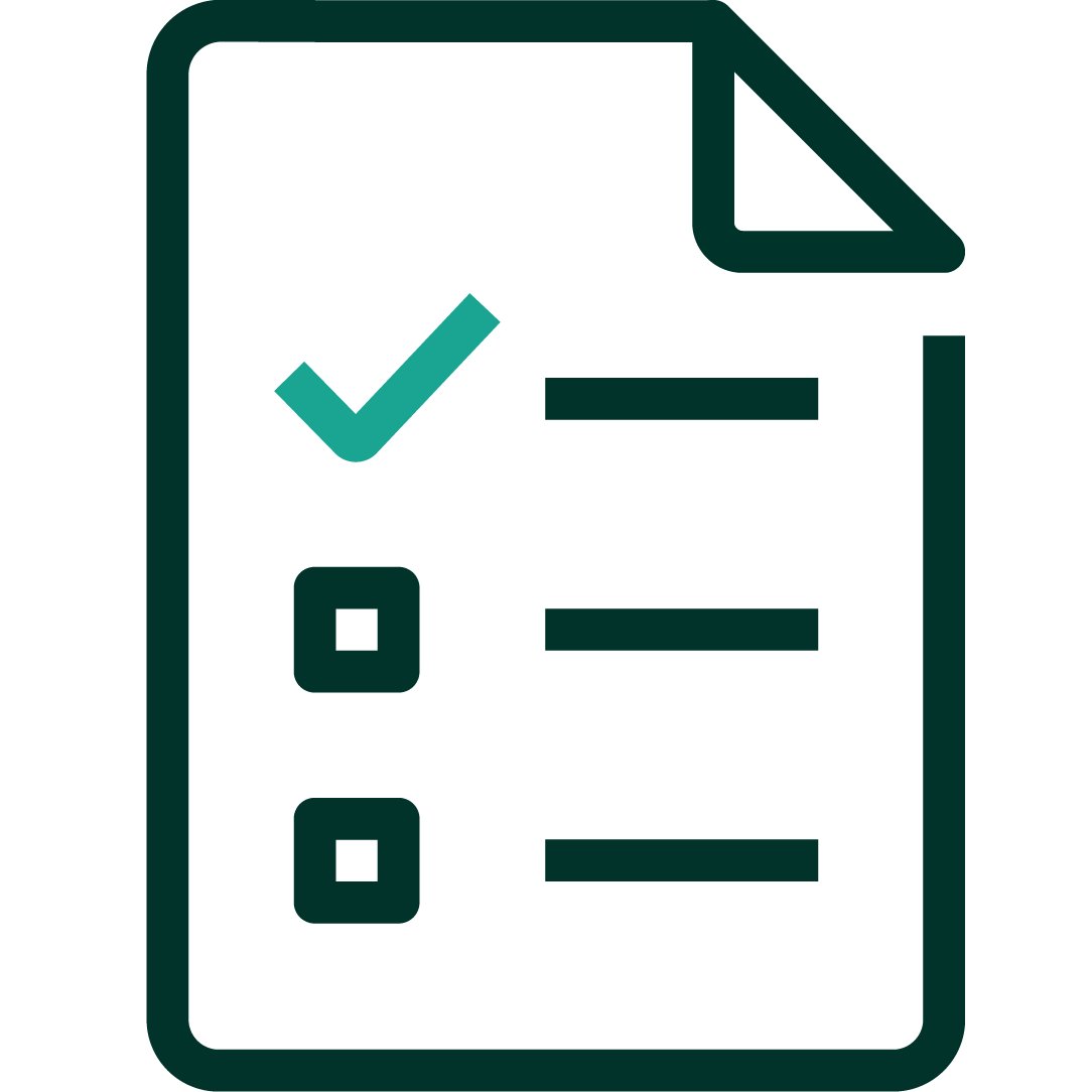 An iconographic representation of a checklist on paper with three lines to represent text next to one check mark and two unchecked boxes. Dark green and teal positive color palette.