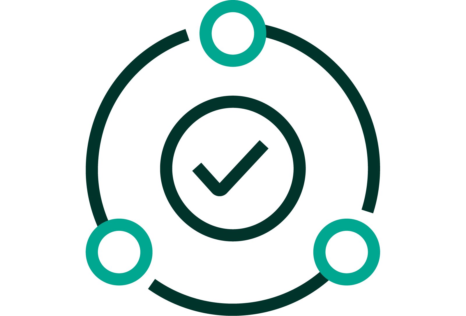An iconographic representation of a checkmark within a circle centered inside of a larger circle with three smaller circles placed on top to represent collaboration. Dark green and teal positive color palette.