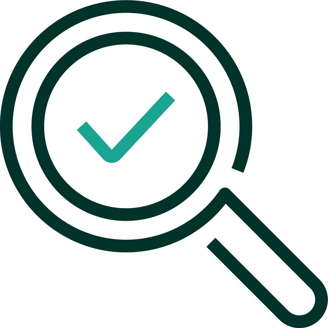 Una representación iconográfica de una lupa con una marca de verificación en el centro para representar control. Paleta de colores positiva en verde oscuro y turquesa medio.