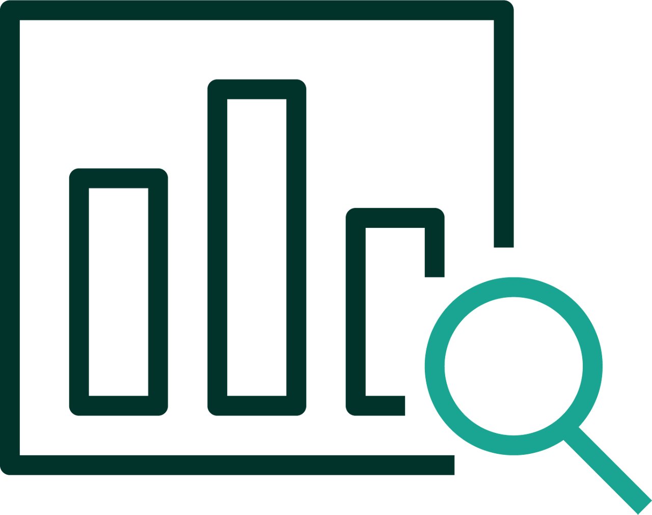 An iconographic representation of a bar graph and a magnifying glass to indicate data analysis. Dark green and teal positive color palette.