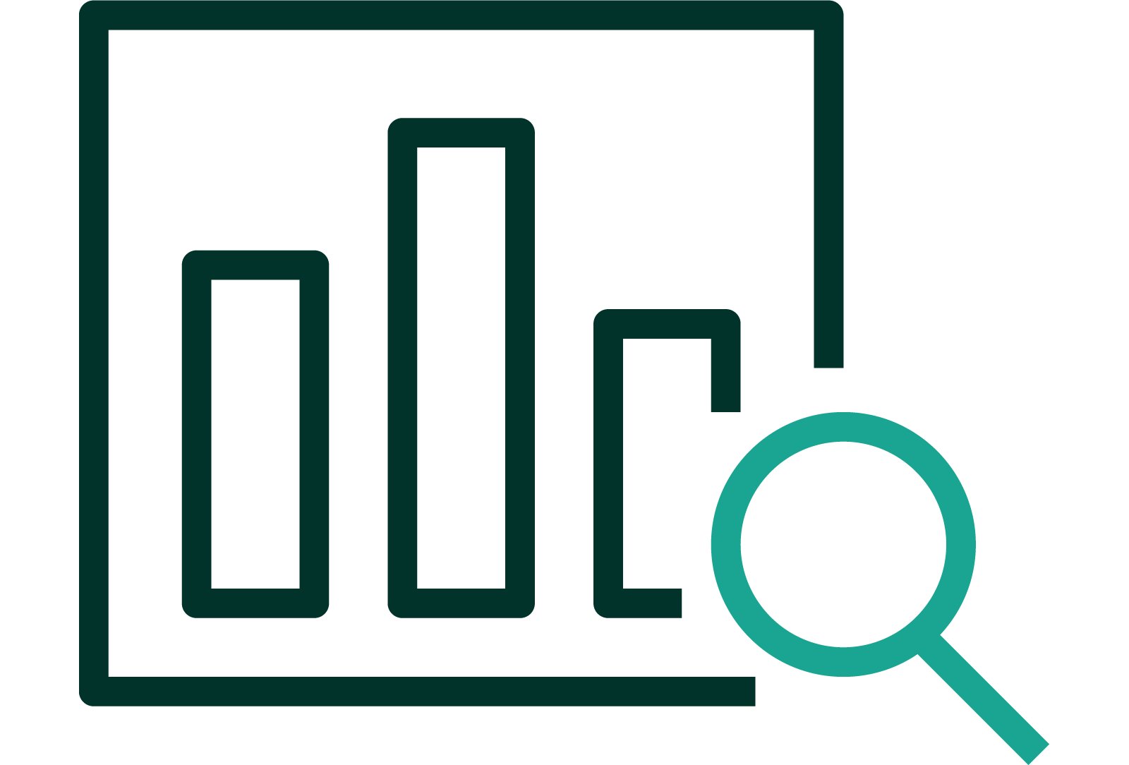 An iconographic representation of a bar graph and a magnifying glass to indicate data analysis. Dark green and teal positive color palette.