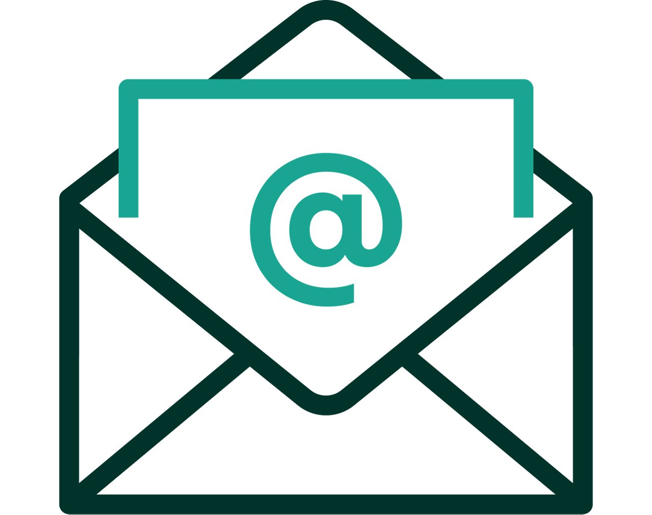 An iconographic representation of an open envelope with a centered rectangle hosting an &quot;@&quot; sign in the center to depict an email. Dark green and medium teal positive color palette.