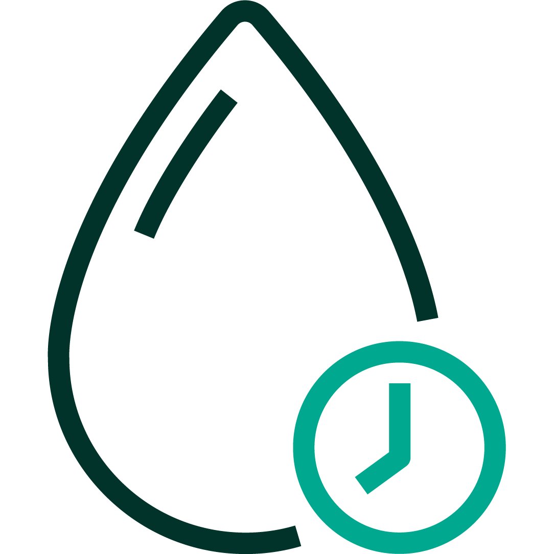 An iconographic representation of a drop with a clock in the corner to represent fast drying. Dark green and medium teal positive color palette.