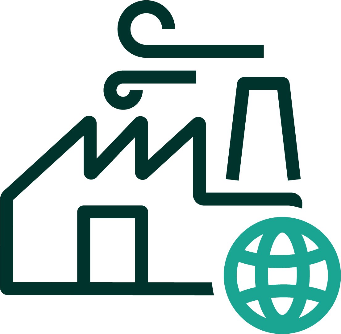 An iconographic representation of a manufacturing plant with a globe in the corner to signify global manufacturing. Dark green and teal positive color palette.