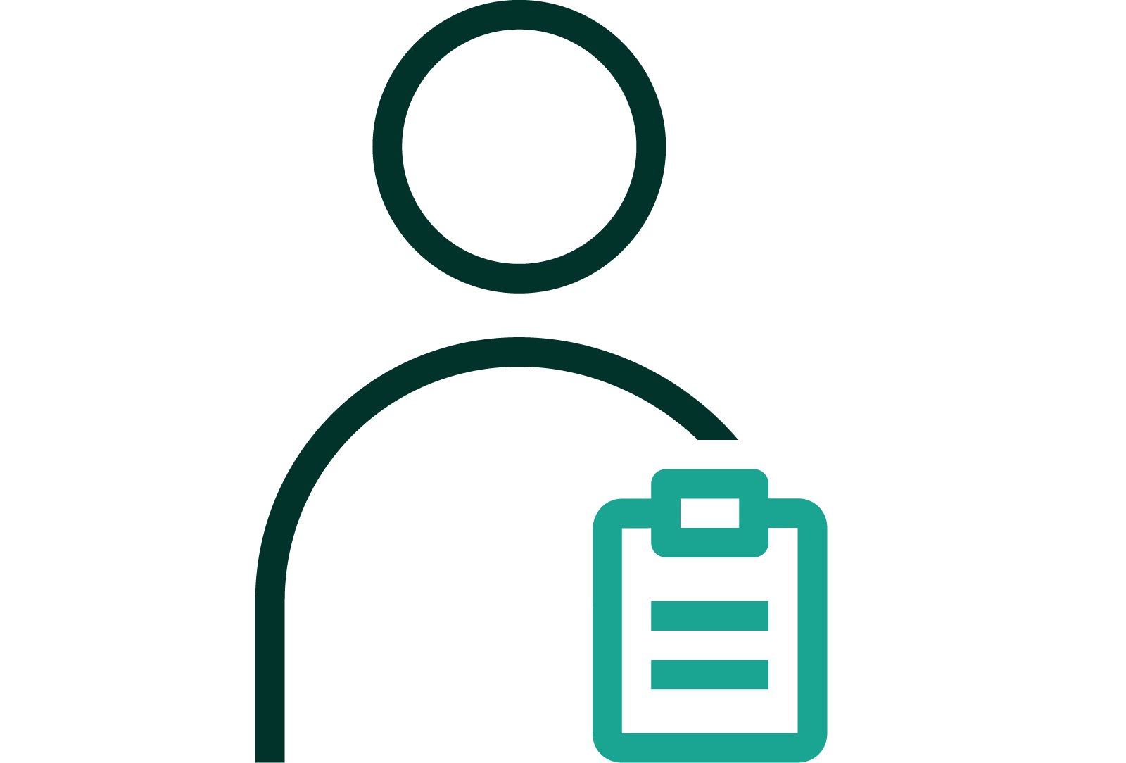 A line drawing graphic represents a person and a clipboard.