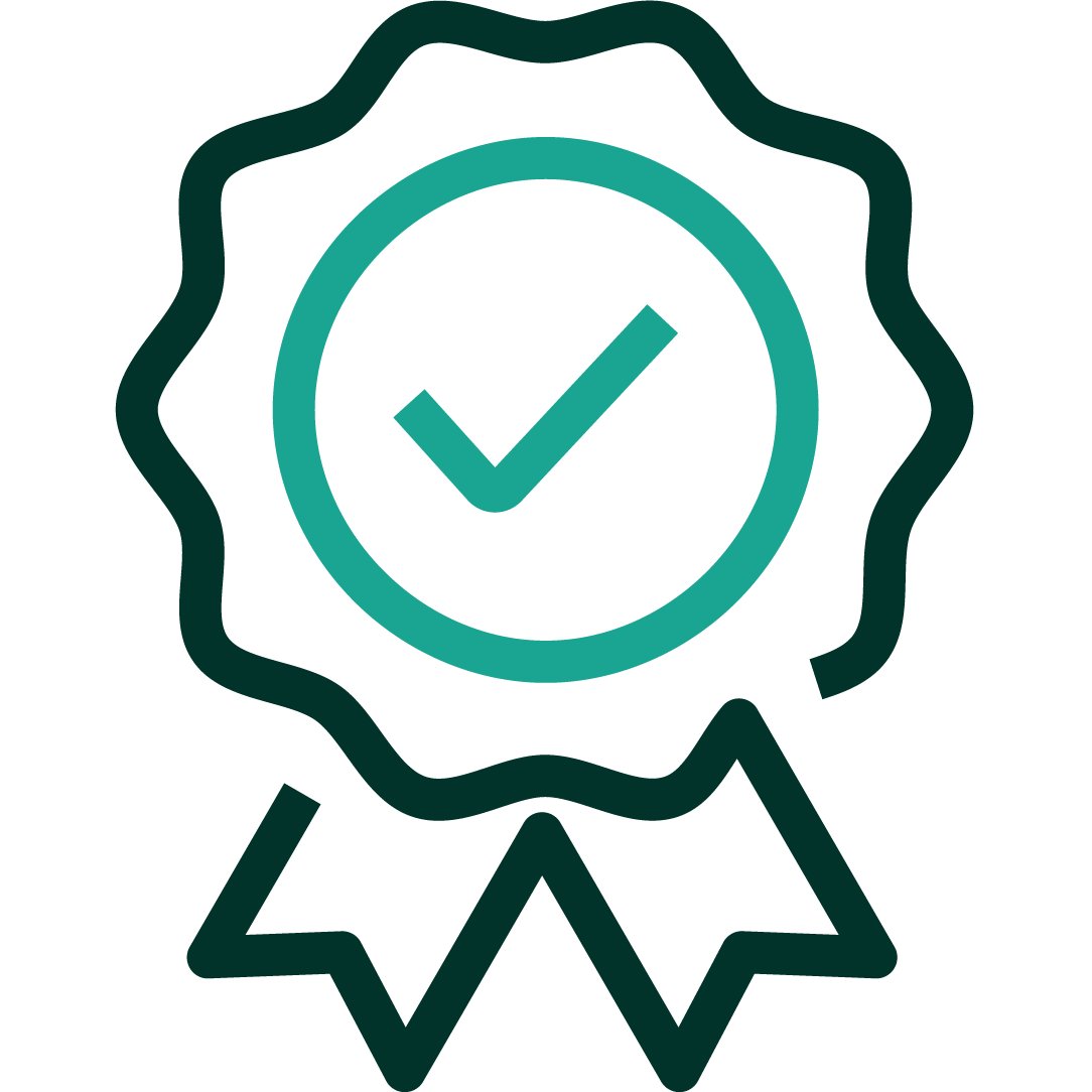 Icon of an award ribbon with a checkmark.