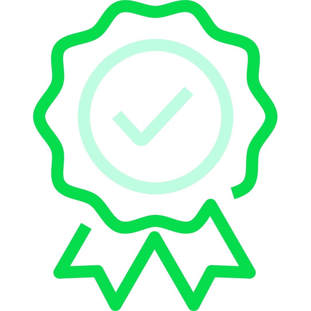 Icon of an award ribbon with a checkmark.