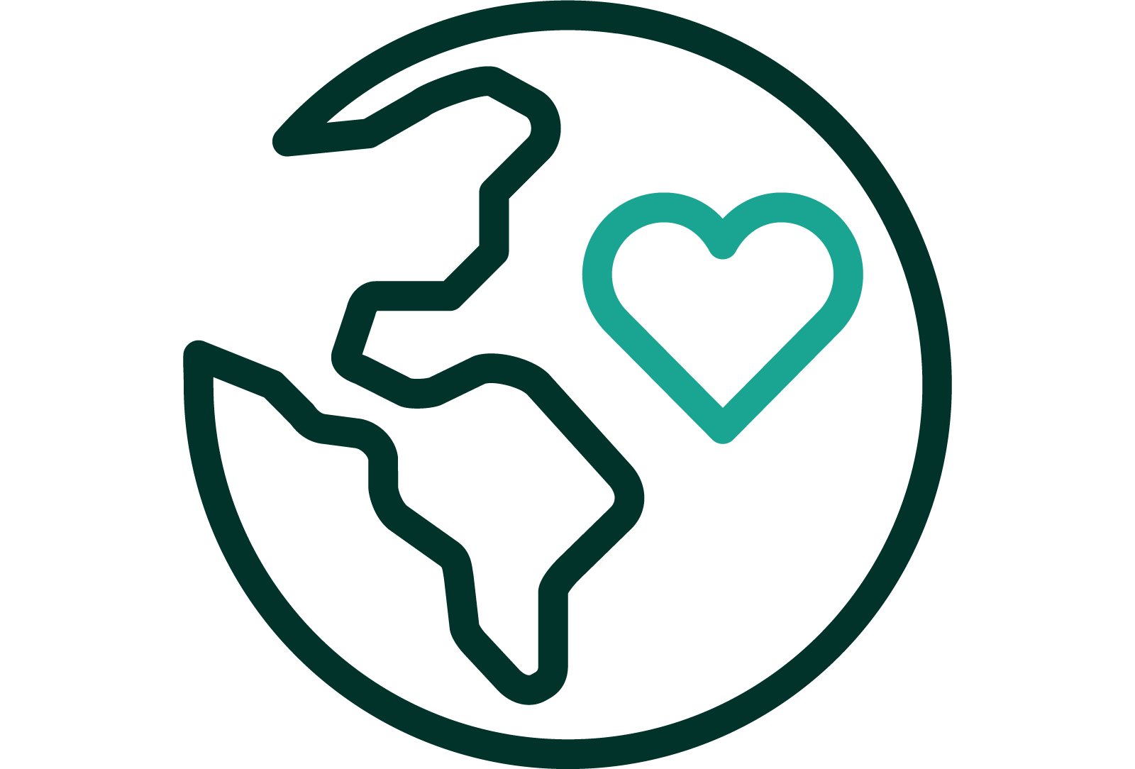 An iconographic representation of the outline of a globe with a cross on it to signify global impact. Dark green and medium teal positive color palette.