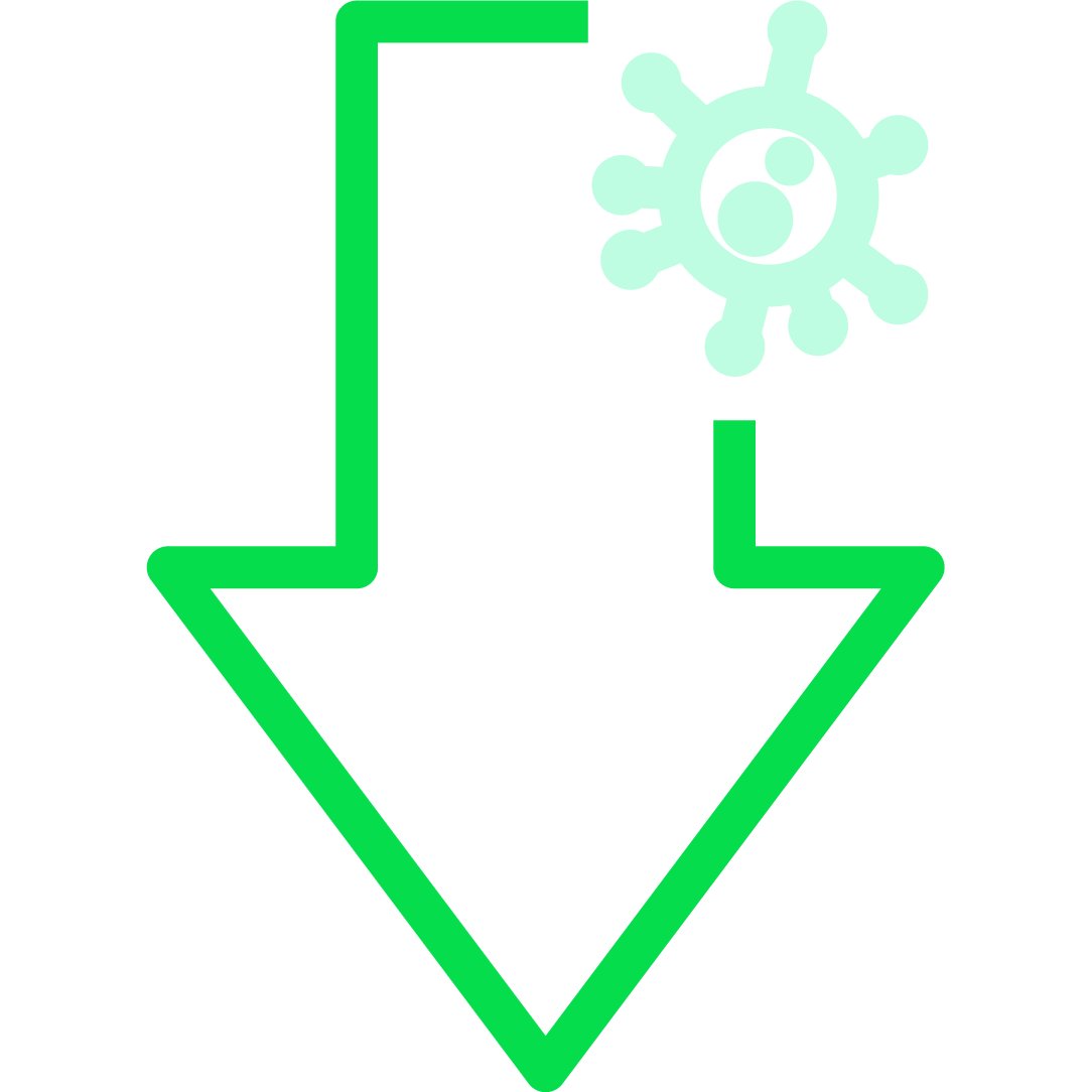 An iconographic representation of an arrow with a germ to represent infection reduction. Brand green and light teal reverse color palette.