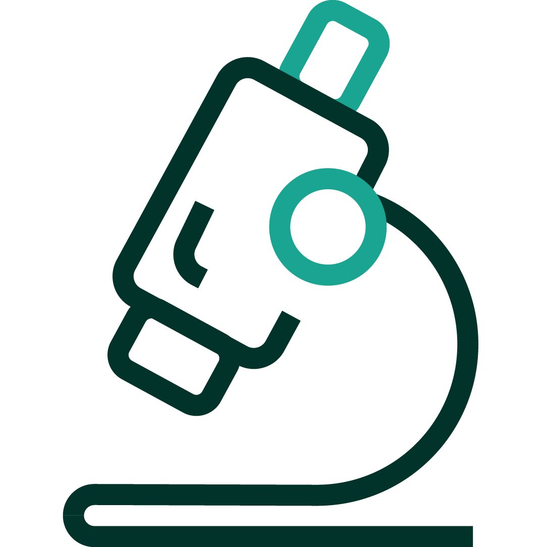 An iconographic representation of a microscope to represent science or discovery. Dark green and medium teal positive colour palette.