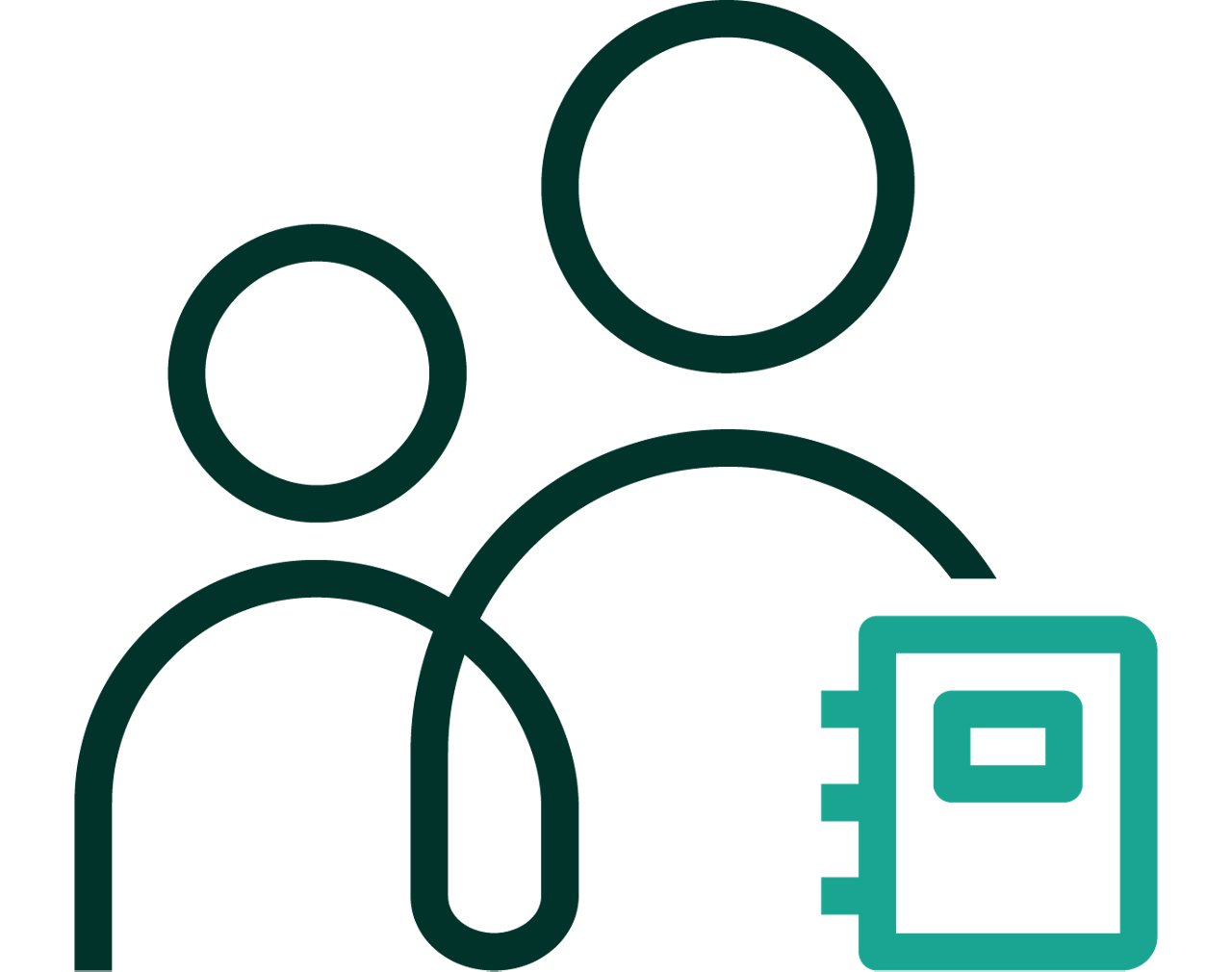 An iconographic representation of two people with a notebook to indicate multiple learners. Dark green and teal positive color palette.