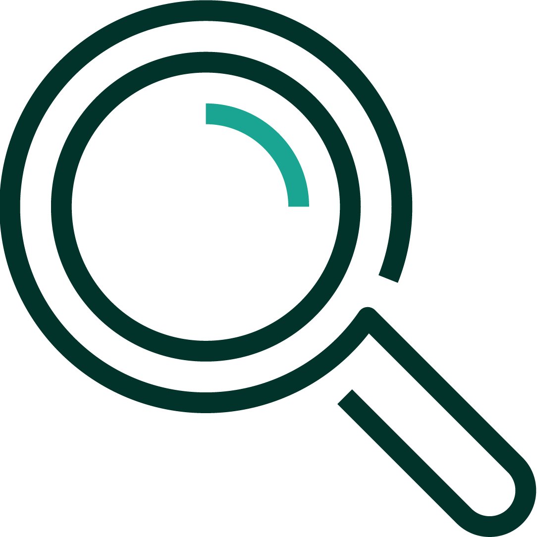 An iconographic representation of a magnifying glass to represent search. Dark green and medium teal positive color palette.