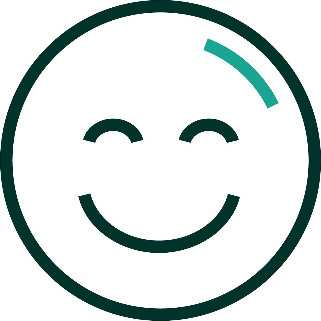 An iconographic representation of a smile. Dark green and teal positive color palette.