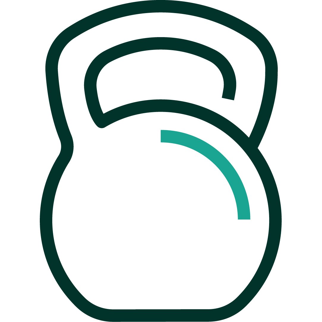 An iconographic representation of a kettle bell weight. Dark green and teal positive color palette.