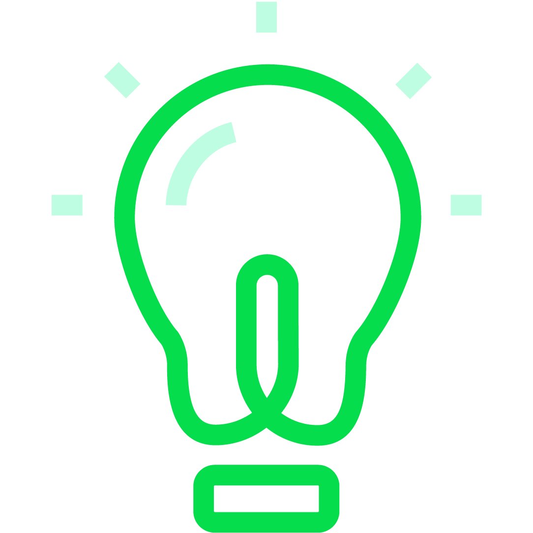 A graphical representation of a light bulb showing illumination to indicate a bright idea. Brand green and light teal reverse color palette.