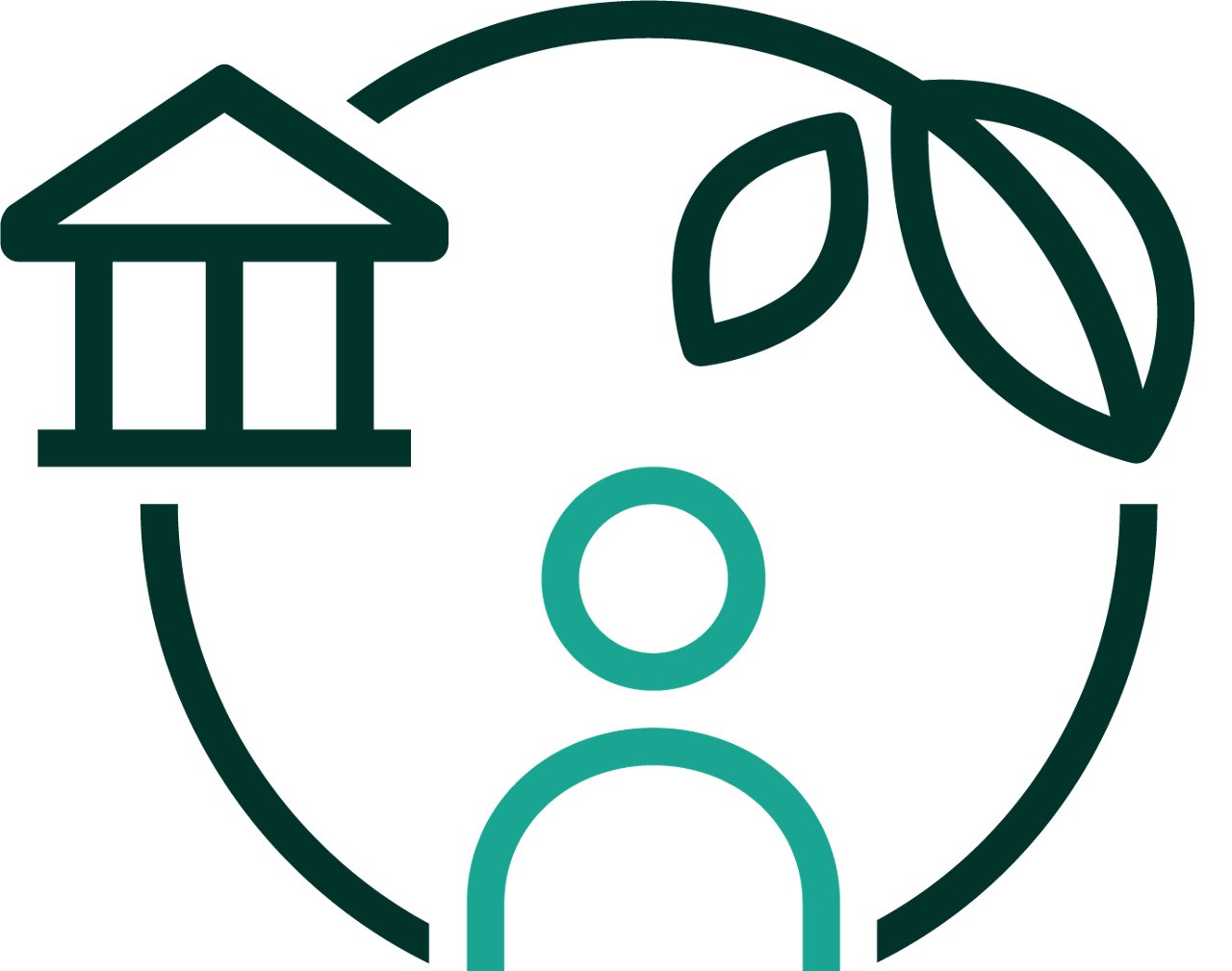 A symbol, an icon, showing a circle with a person, a facility and leaves interacting to represent sustainability and social impact