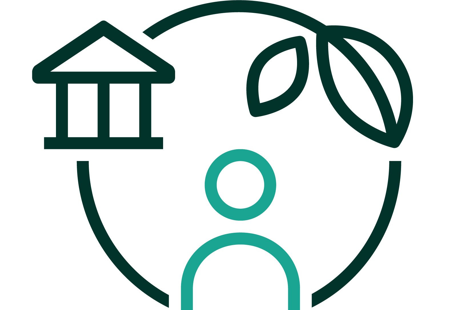 An iconographic representation of a circle with a person, a facility and a leaves interacting to represent sustainability and social impact. Dark green and medium teal positive color palette.