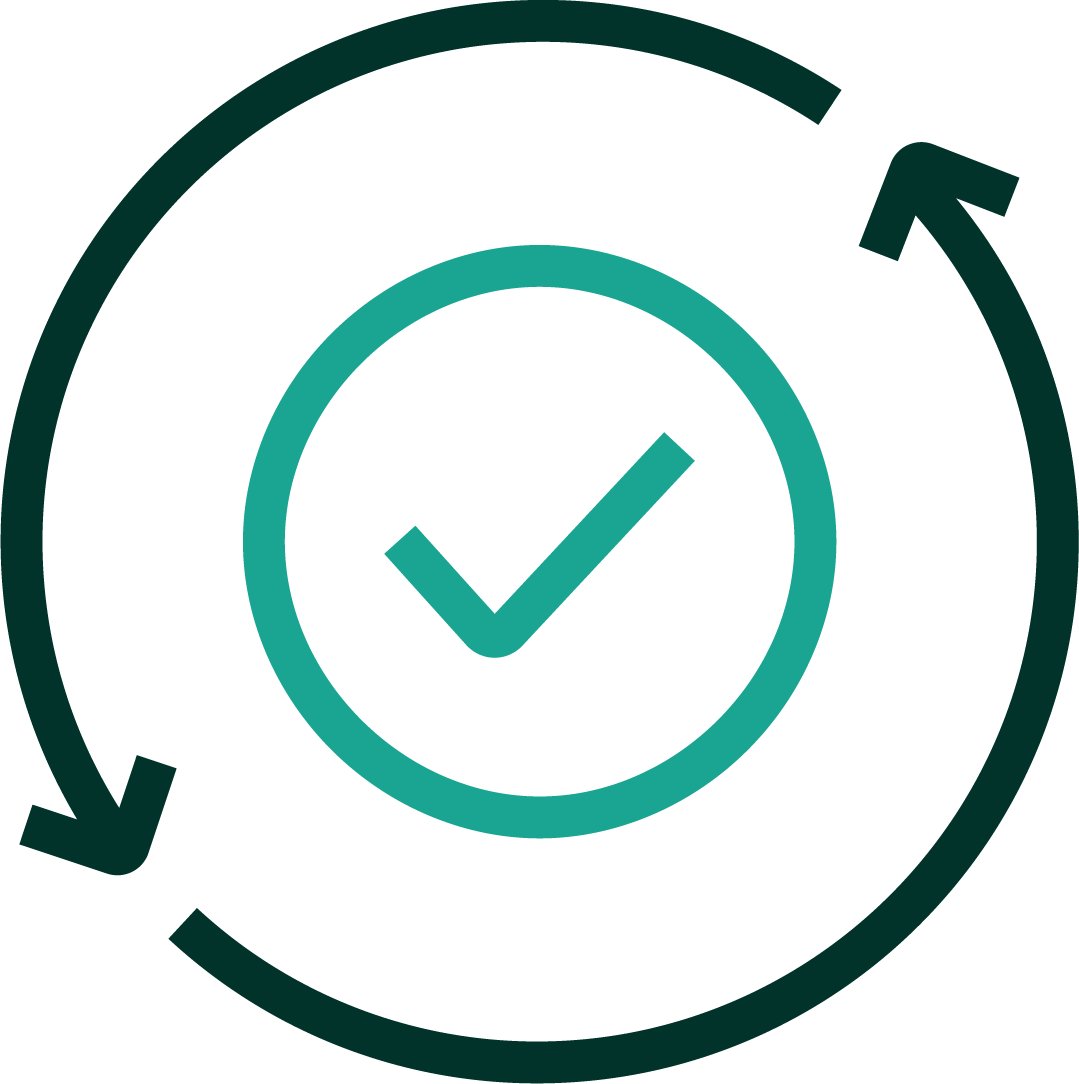 An iconographic representation of arrows in a circular motion with a check mark in the center represents sync or syncing. Dark green and medium teal positive color palette.