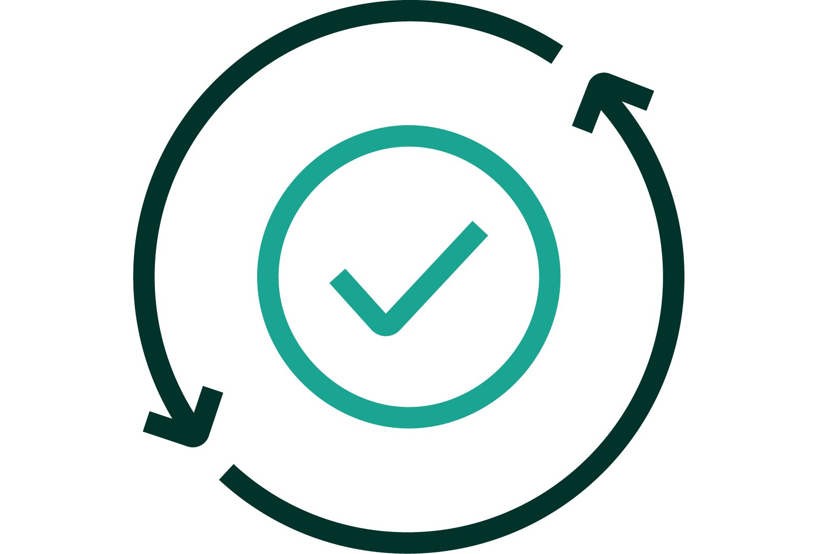An iconographic representation of arrows in a circular motion with a check mark in the center represents sync or syncing. Dark green and medium teal positive color palette.